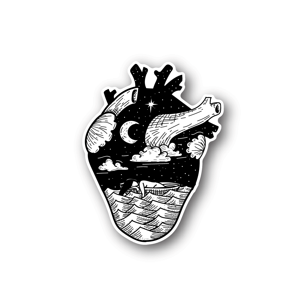 Heart vinyl sticker with night landscape, moon and stars, black-and-white design