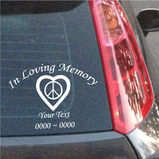 Memorial decal: heart with peace sign and In Loving Memory text