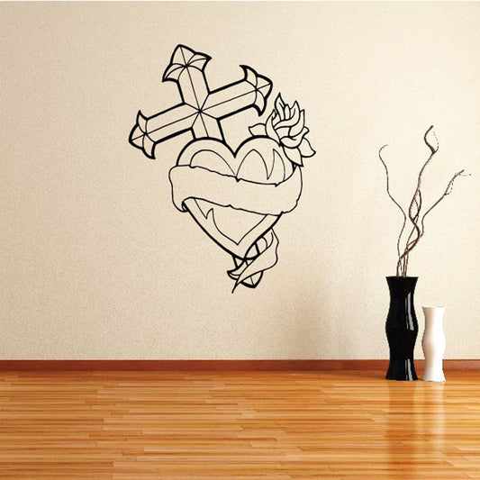 Vinyl angel wings wall decal with heart, cross, and floral rose line art