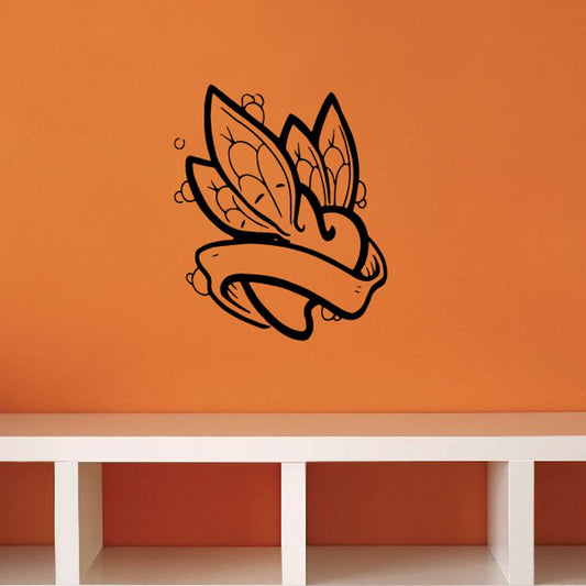 Heart ribbon vinyl wall decal with black outlined heart-and-ribbon design