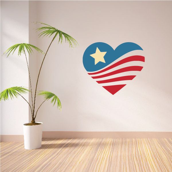 Heart-shaped America flag sticker with blue field, white star, and red-and-white stripes