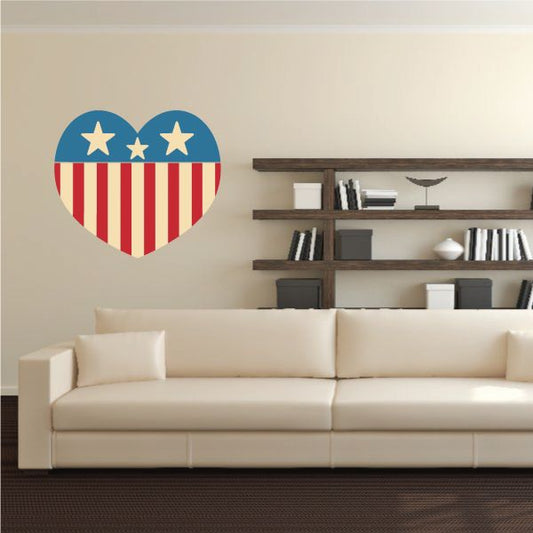 Heart-shaped retro American flag sticker, blue star field and red stripes