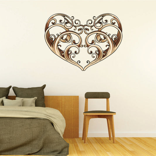 Brown ornamental heart wall sticker with swirling scrollwork details