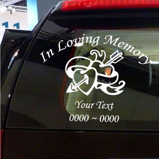 Memorial car window decal with heart-and-arrow and custom text