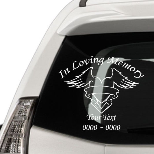 Heart and wing memorial decal for car window with 'In Loving Memory' text