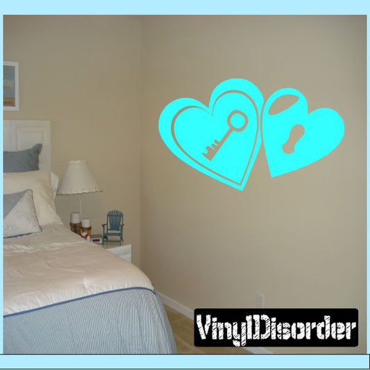 Heart key and padlock wall decal with two overlapping blue hearts