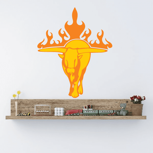 Heated bull sticker with glowing orange bull silhouette and flame design