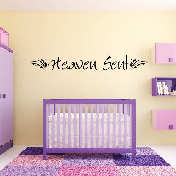 Heaven Sent wings wall decal with black script and outlined angel wings