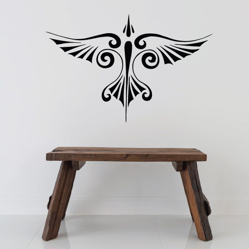 Black tribal eagle swirl wall decal with ornate wing and scroll details