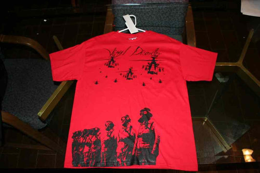 Red graphic T-shirt with black band-style front print