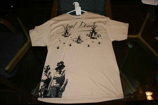 Tan graphic crewneck T-shirt with large front print and black illustration