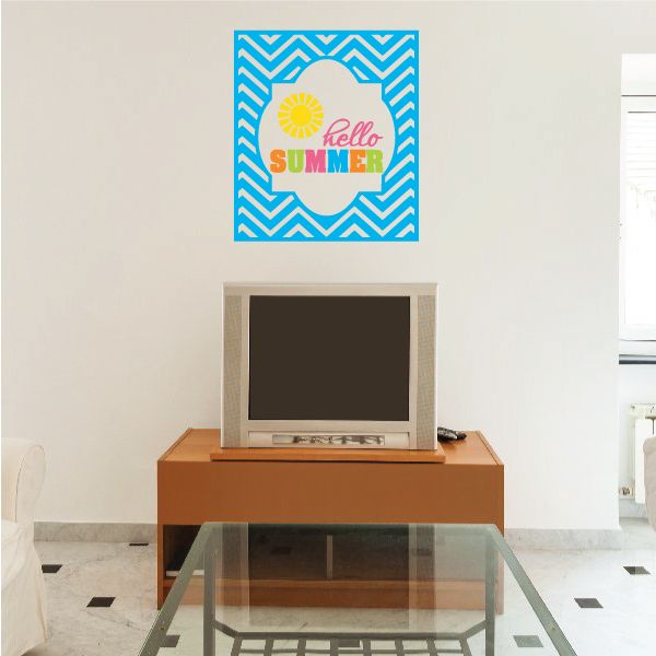 Hello Summer printed die cut decal, square with sunburst, zigzag border, and script lettering