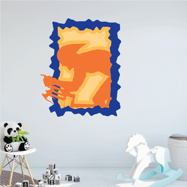 Helmet cyclist sticker with orange-yellow graphic and blue zigzag border