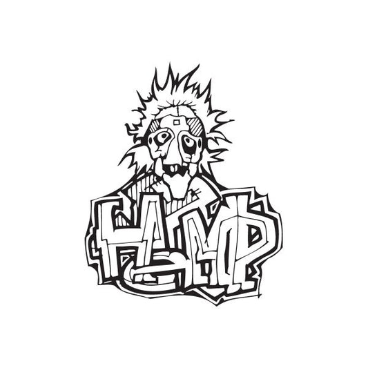 Hemp graffiti decal with cartoon skull head and bold black lettering, white background