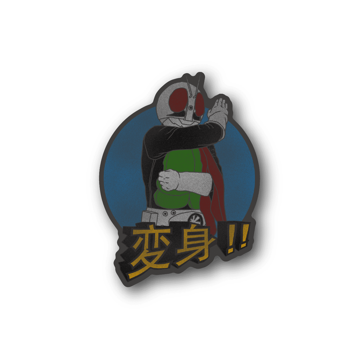 Vinyl sticker of masked figure in black suit with red scarf, holding sword, blue circle, gold text