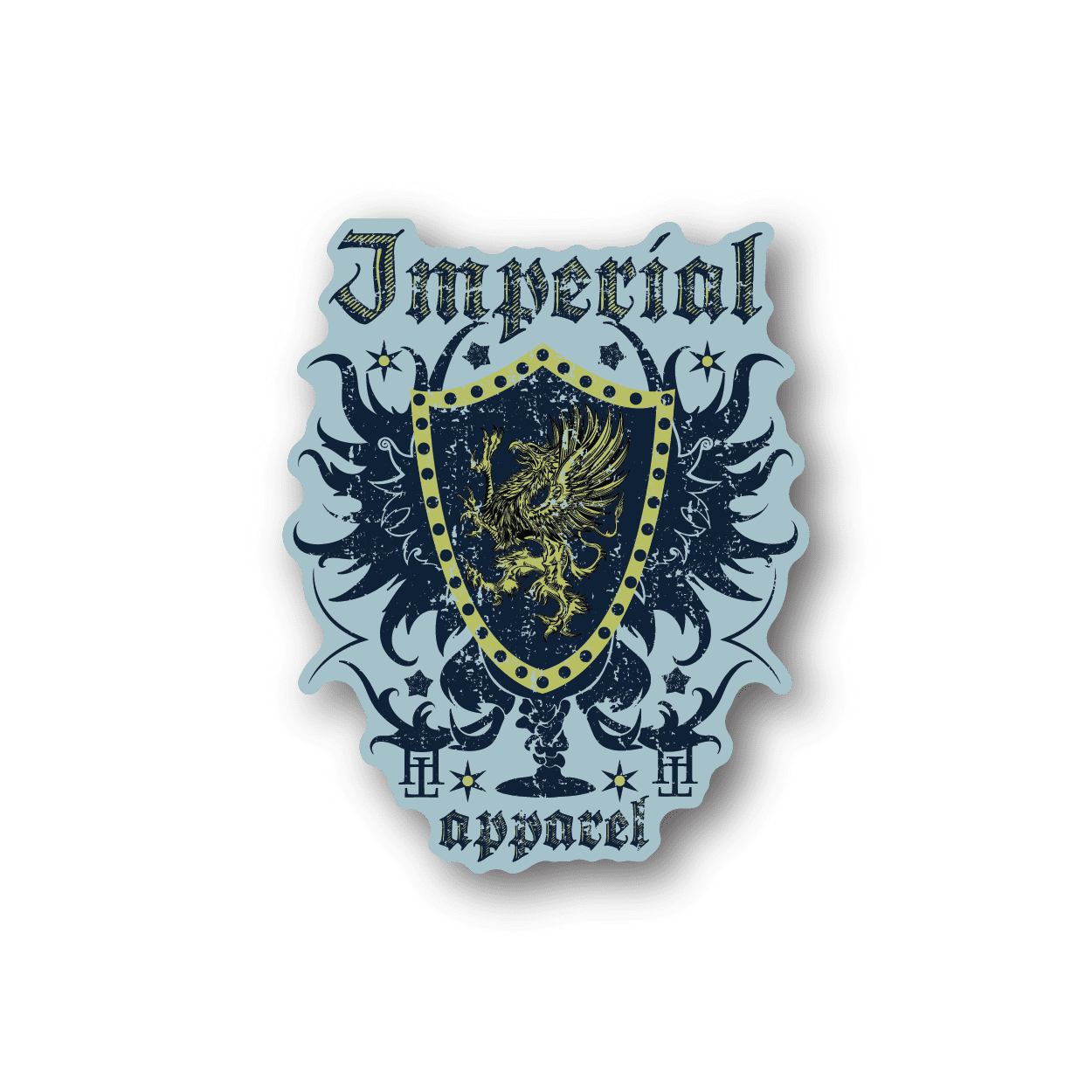Imperial crest vinyl sticker with shield, wings, and decorative banner in blue and gold