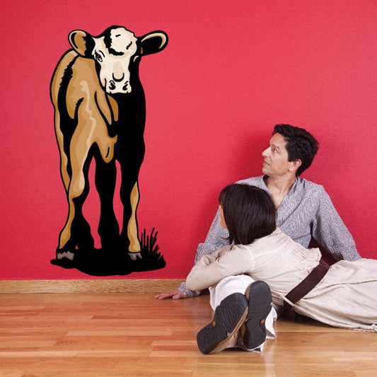 Hereford calf watching sticker, cartoon black-and-tan calf with white face.