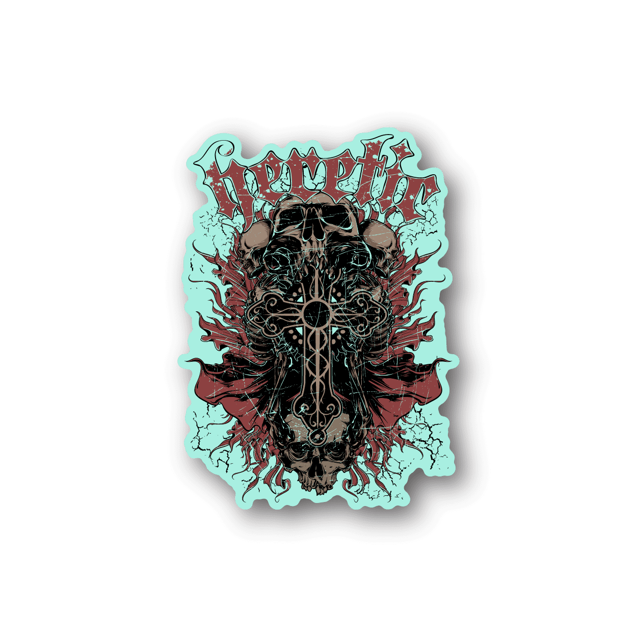 Vinyl sticker with teal and red skull and ornate cross design