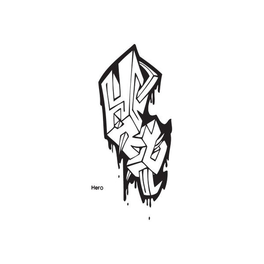 Black and white graffiti-style hero decal with angular face and paint drips