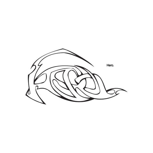 Graffiti decal featuring a stylized helmeted face outline, black line art.