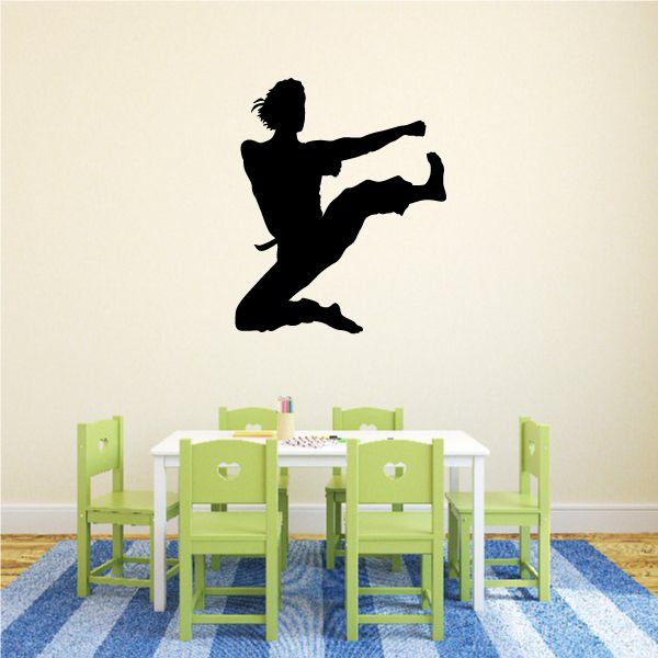 Karate kick decal with black silhouette of a martial artist