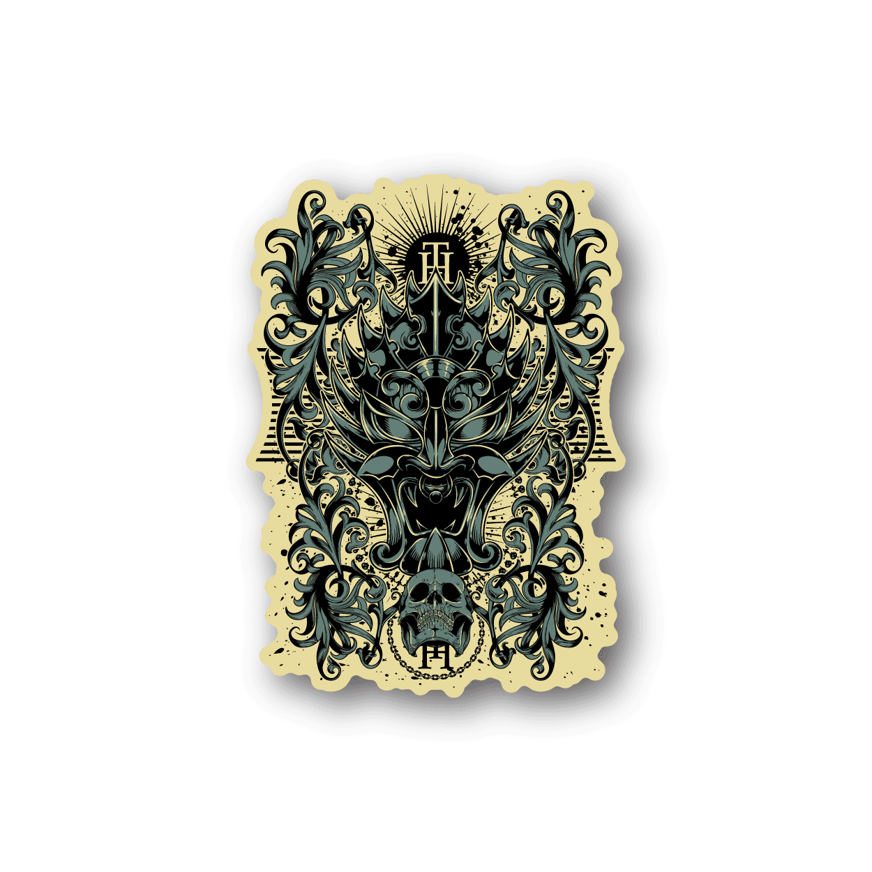 Ornate lion head vinyl sticker with gold frame and teal dark illustration