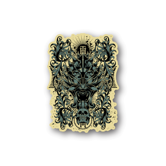Ornate lion head vinyl sticker with gold frame and teal dark illustration