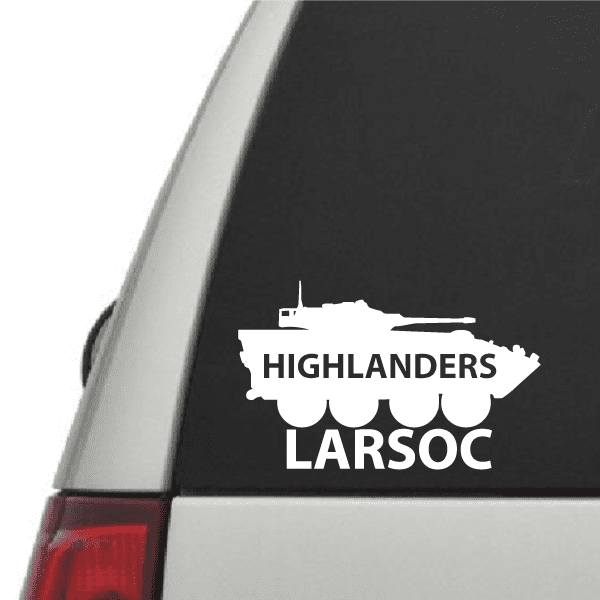 Tank decal with white Highlanders Larsoc logo on dark background