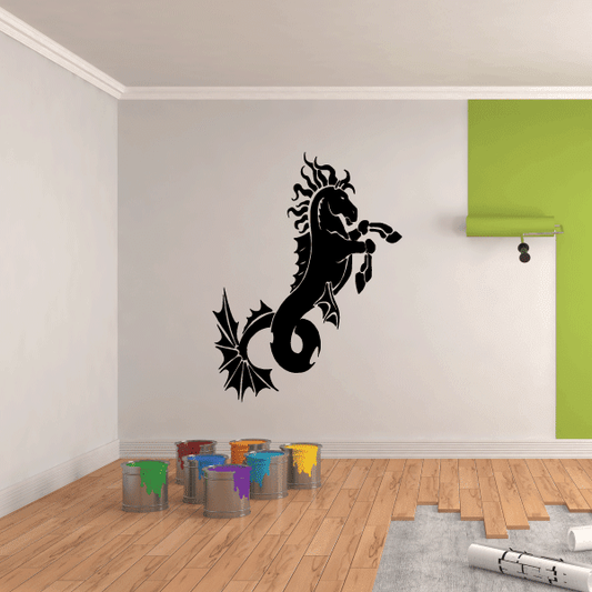 Hippocampus wall decal, black sea-horse silhouette with starburst accents