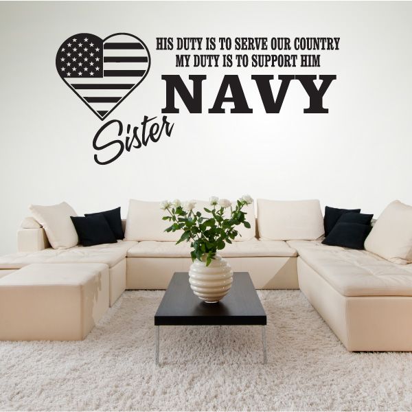 Navy sister wall decal with heart flag and text: DUTY... SUPPORT HIM NAVY