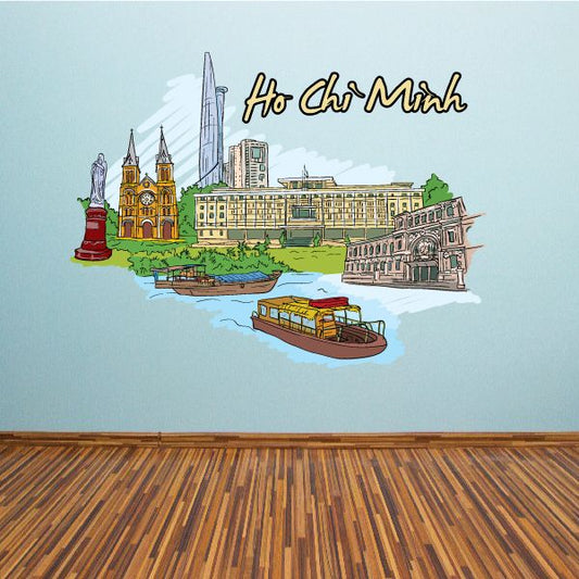 Ho Chi Minh sticker: illustrated skyline, boat, and cursive 'Ho Chi Minh' text