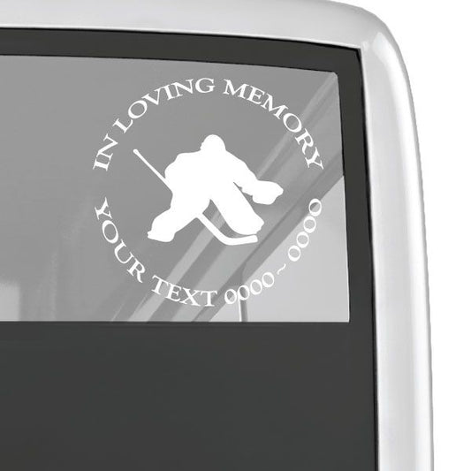 Hockey goalie memorial decal with goalie silhouette and circular In Loving Memory text