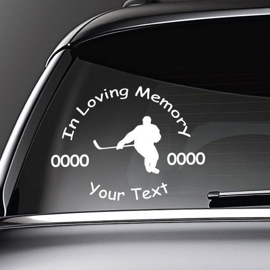 Hockey memorial car decal: player silhouette with “In Loving Memory” and custom text