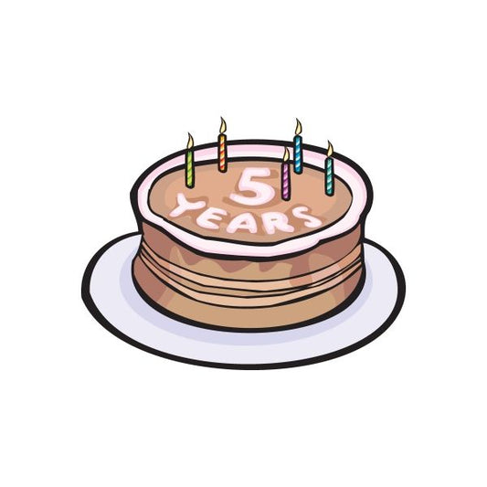 Birthday cake sticker with 5 years candles and “5! years” text