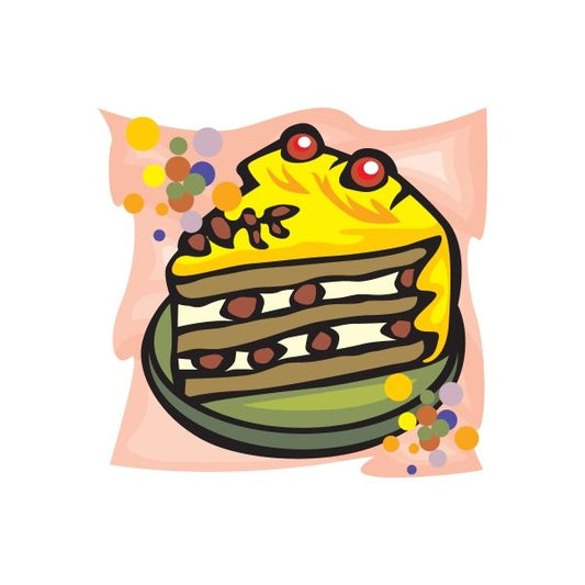 Birthday cake sticker with layered slice and red candle flames, colorful confetti accents