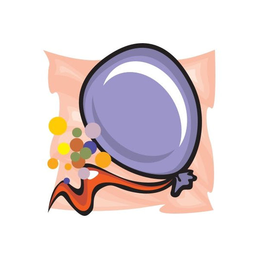 Purple balloon sticker with confetti and ribbon banner
