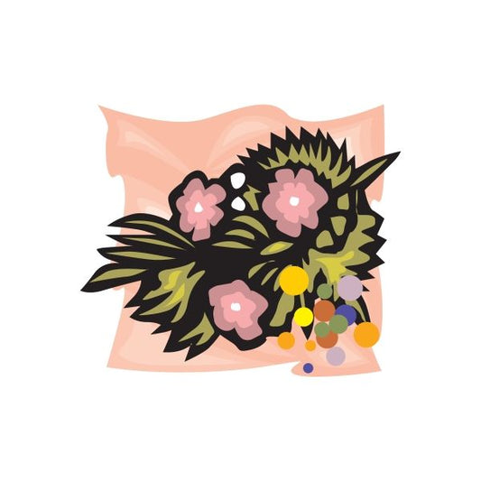 Floral birthday sticker with pink flowers, dark leaf wreath, and colorful confetti