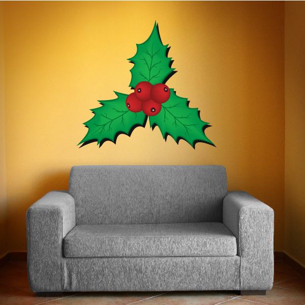 Holly berry and leaf wall decal with red berries and green leaves