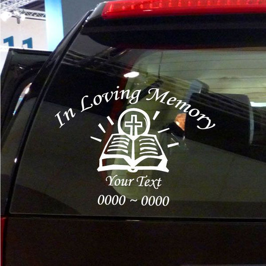 Memorial window decal with open-book cross, 'In Loving Memory', 'Your Text', and date