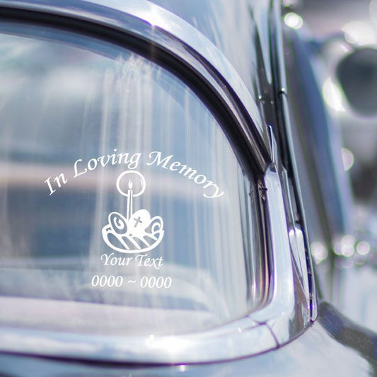 Memorial window decal with 'In Loving Memory' text and heart emblem