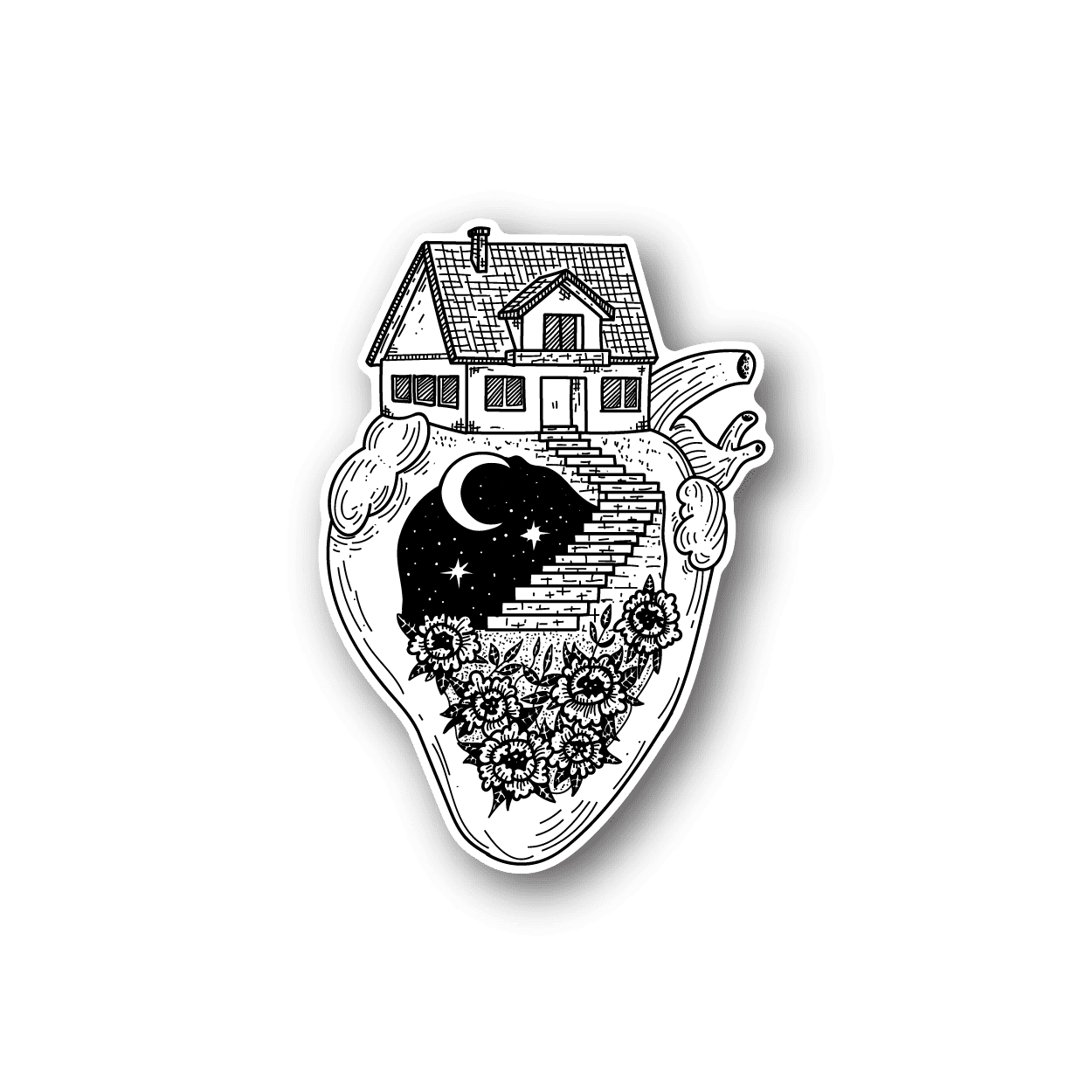 Vinyl heart sticker with monochrome house, stars, moon, and flowers