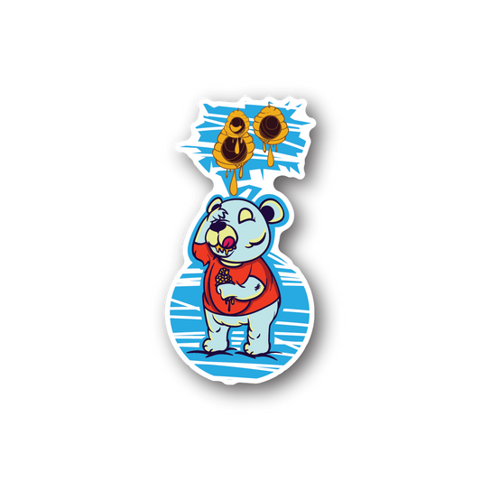 Honey bear vinyl sticker with cartoon honey bear holding heart, two honey pots