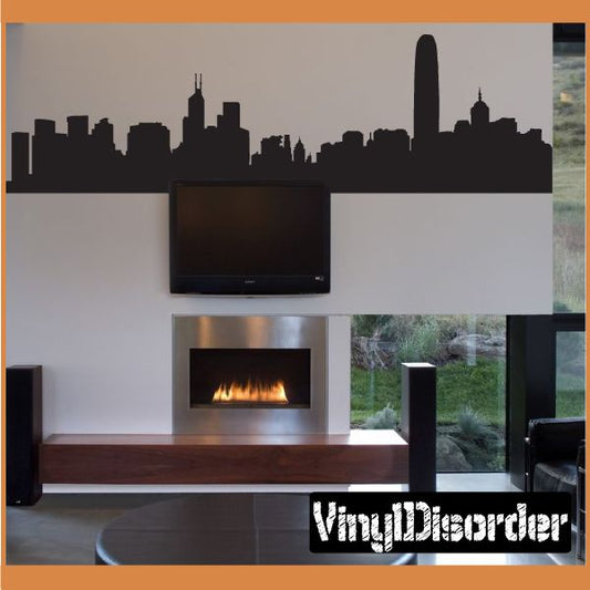 Black Hong Kong skyline wall decal with skyscrapers silhouette and tall central tower