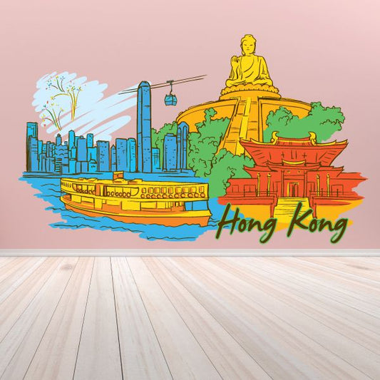 Hong Kong sticker featuring skyline, ferry, and golden Buddha with “Hong Kong” text