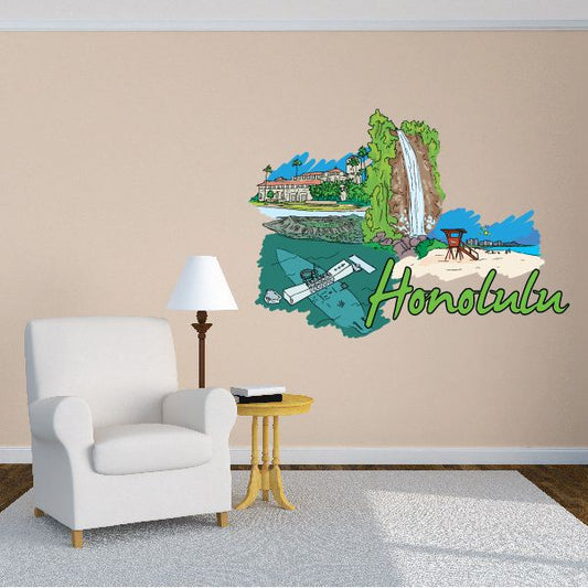 Honolulu sticker with colorful Hawaii map outline and script lettering