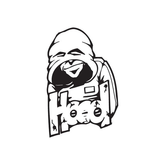 Graffiti decal of a hooded character with headphones, black outline and white fill