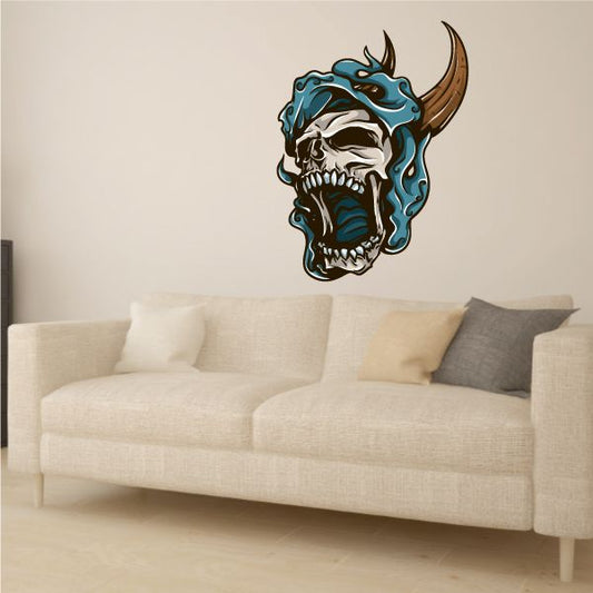 Hooded horned skull sticker with teal flames and white skull face