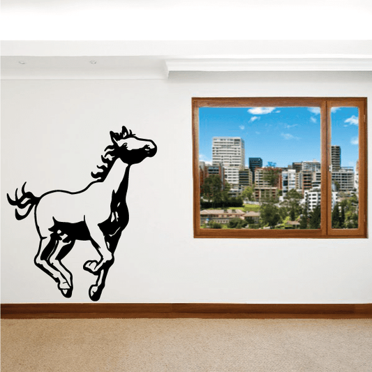 Hopping pony wall decal, black horse silhouette mid-jump with raised legs and tail.