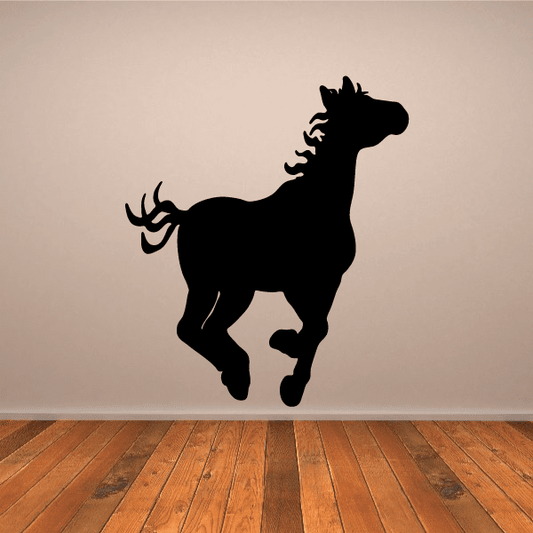 Black hopping pony silhouette decal with raised legs and flowing tail