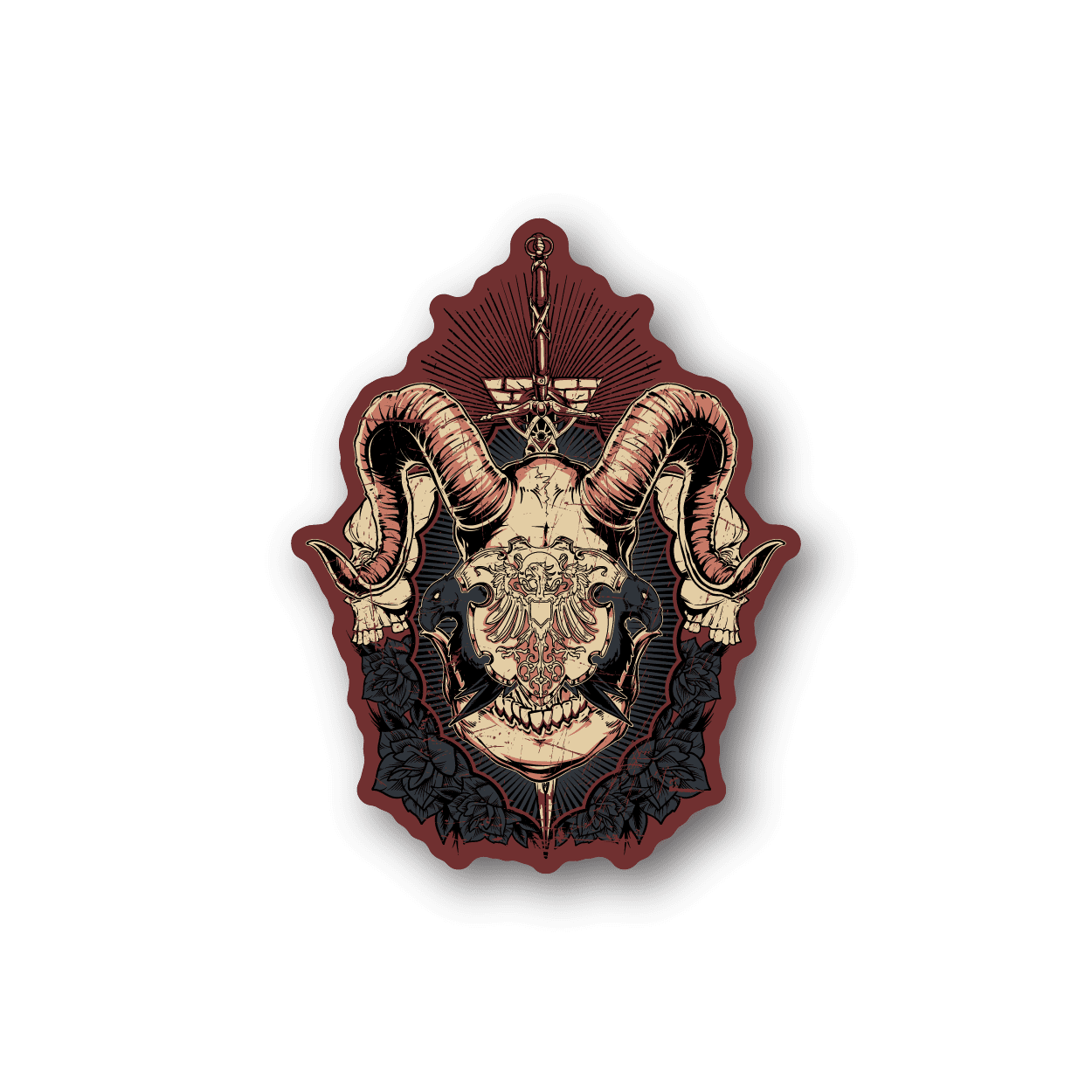 Horned devil shield vinyl sticker with skull face, horns, ornate dark illustration